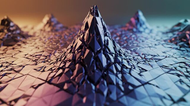 Striking geometric crystalline peaks emerge from a textured terrain, bathed in a dramatic gradient of warm sunset hues transitioning into cool twilight, evoking a sense of abstract geological