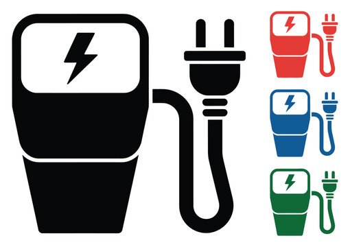 Pictograma punto de recarga con varios colores, representando estaciones de carga el&eacute;ctrica, iconos de energ&iacute;a renovable, conectividad de veh&iacute;culos el&eacute;ctricos, y se&ntilde;al&eacute;tica moderna para sistemas 