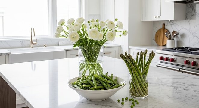 a white kitchen with a bowl of green beans and a vase of white flowers on the counter next to a bunc