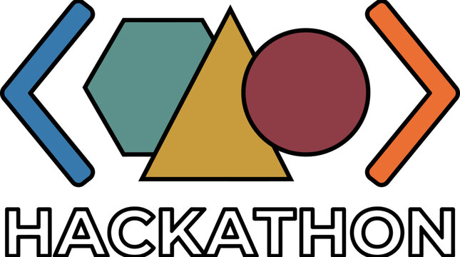 Colorful Hackathon Graphic with Geometric Shapes and Code Brackets