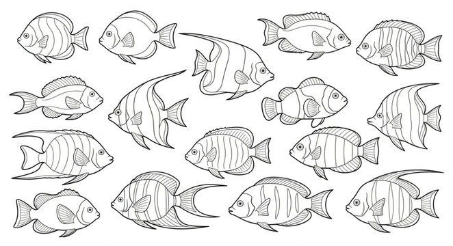 Collection of Hand Drawn Fish Illustrations in Black and White.