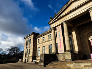 Naklejka premium Neoclassical Modern Two Dean Gallery building with columns and banner at the entrance in Edinburgh, Scotland, UK