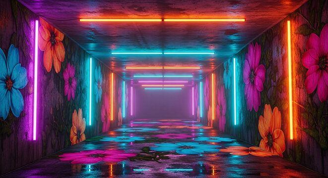 Neon-lit tunnel corridor with vibrant psychedelic lighting, colorful floral murals, and dynamic perspective for futuristic digital art inspiration