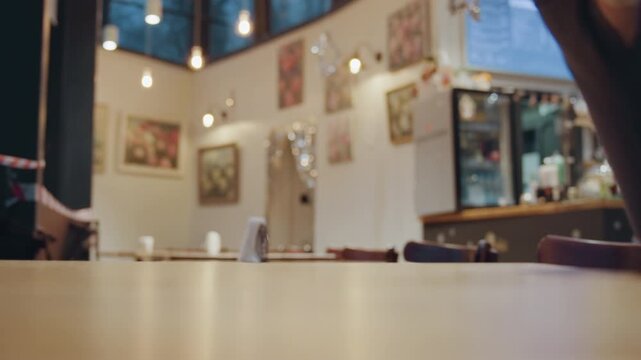 Small wrapped treat on table in cozy cafe, womans gloved hands reach to pick up red ribbon tied bundle, warm bokeh lights and wooden surface create intimate cinematic closeup capturing curiosity