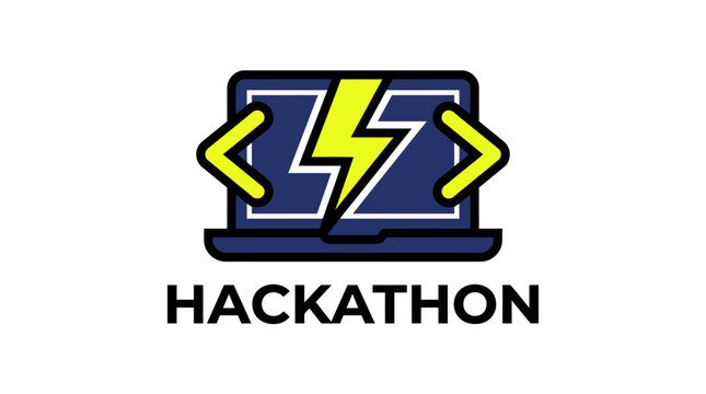 Hackathon event logo with laptop lightning bolt and code brackets