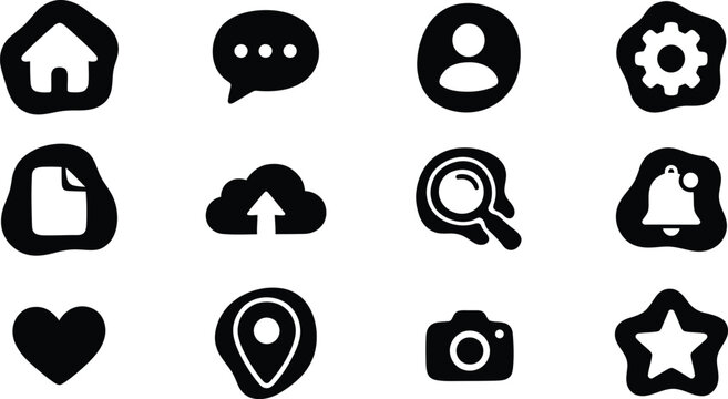 Vector set of black UI app icons features minimal organic blob shapes for web interface navigation, including home, profile, settings, and message mobile buttons.