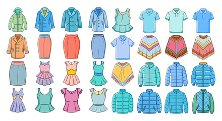 Flat clothing vector icons set, colorful fashion apparel collection with jackets and dresses, 32 garment illustrations for retail and e-commerce © Asset Aura