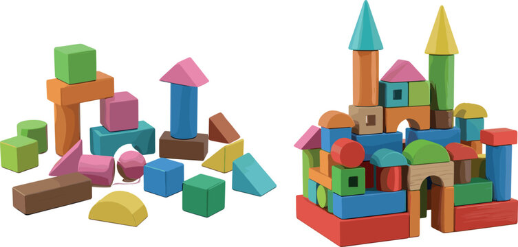 Illustration Set of Colorful Wooden Building Blocks for Kids, Education, and Creative Play Designs