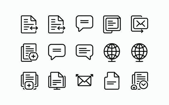 linear communication and multilingual icons for global language support, text interpretation, online translator tools and cross cultural communication design.