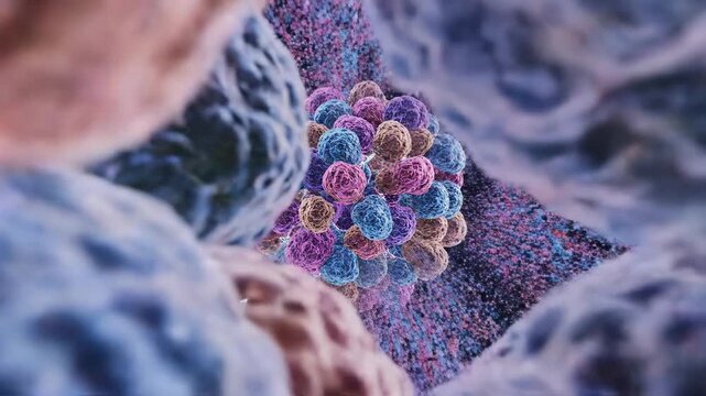 Vibrant cluster of microscopic spheres with varied hues and textures emerges from a textured cellular environment, showcasing a dynamic and intricate biological composition