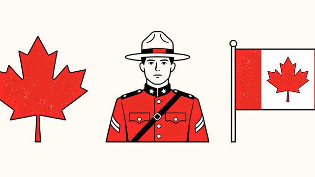 Illustration of Canadian symbols: a maple leaf, a Royal Canadian Mounted Police officer, and the Canadian flag.