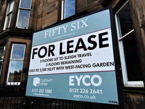 For lease property sign at Fifty Six Palmerston Place in Edinburgh, Scotland, UK outside a Victorian building