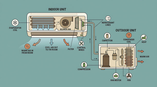 Diagram showing how split system air conditioner works with indoor and outdoor units.
