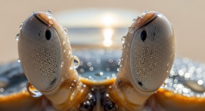 Extreme Macro Close-up of Crab Eyes with Water Droplets on a Sunny Beach Background - Deta