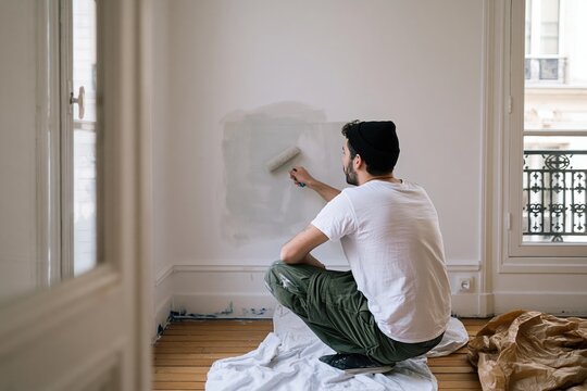 Artist paints walls in Paris apartment while sitting on the floor