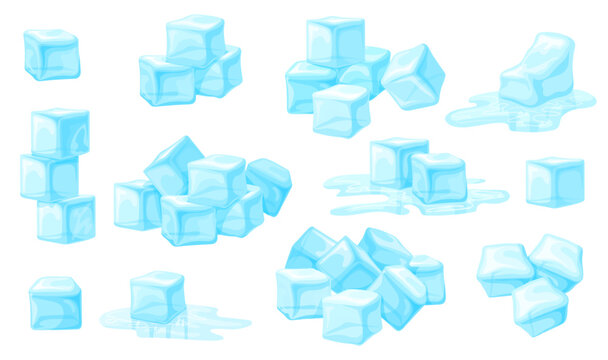 Ice cubes. Melt icecube, frozen water solid block freeze square pieces icy cube stack frosty cocktail summer fresh drink cool cold drop, cartoon realistic neat vector illustration