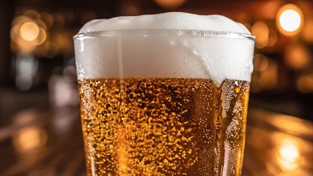 Close-up of a refreshing glass of golden beer with frothy foam at a bar.