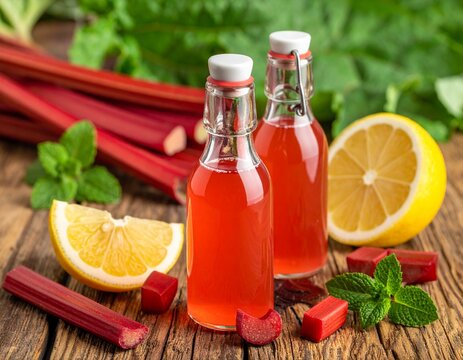 Hausgemachter Rhabarber-Sirup in dekorativen Glasflaschen