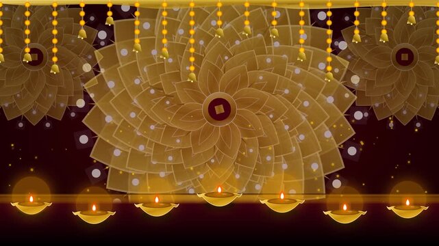 A luxurious Indian festival stage background featuring intricate glowing golden mandalas, beautifully detailed oil lamps (diyas) with flickering flames, and shimmering particle dust in a 4K loop.