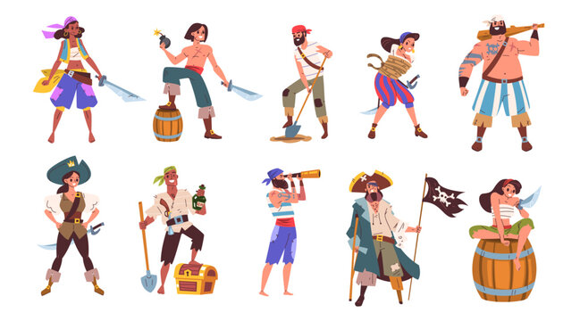 Corsair characters. Cartoon pirates, treasure hunters caribbean sailor bandit pirate ship crew adventure costume privateer corsairs spyglass buccaneer, classy vector illustration