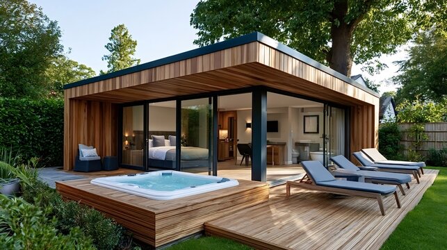 Contemporary garden room with cedar cladding and large sliding doors connecting indoor luxury accommodation to an outdoor wooden deck featuring a hot tub and lounge chairs