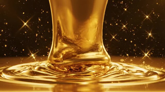 Viscous, shimmering liquid gold cascades and pools, reflecting ambient light with glittering particles creating a luxurious, opulent, and precious visual sensation signifying wealth, abundance
