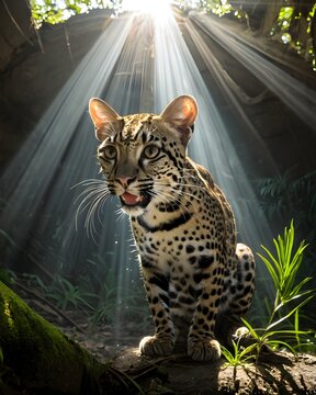 A glowing oncilla  , northern tiger cat genetic hybrid experiment fantasy animal, fictional species in an abandoned ritual cave