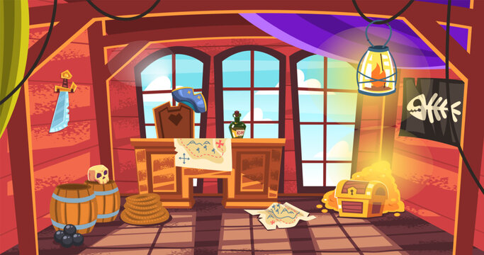 Pirate captain cabin. Ship old wooden deck corsair boat inside room cartoon interior, treasure map gold chest table barrel sea adventure game background classy vector illustration