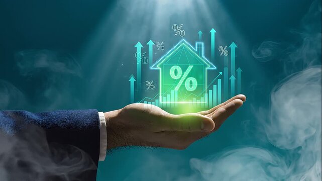 Businessman Holding Glowing Holographic Green House Symbol With Percentage Sign and Financial Growth Chart Representing Mortgage Loan Real Estate Interest Rate and Property Investment