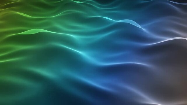 A luminous, undulating wave pattern rendered in vibrant gradients of green, turquoise, and deep blue, creating a visually captivating and fluid abstract digital landscape perfect for tech themes