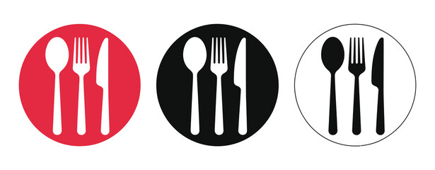 Three stylized cutlery icons spoon fork and knife in red black and white circles, food service and restaurant symbol set for dining menu and kitchen design