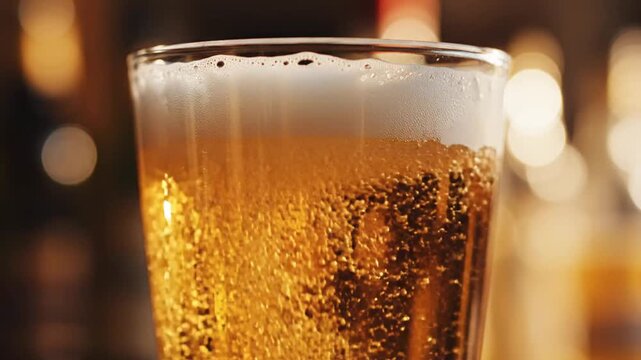 Close-up of a refreshing golden beer with foam and bubbles in a bar.