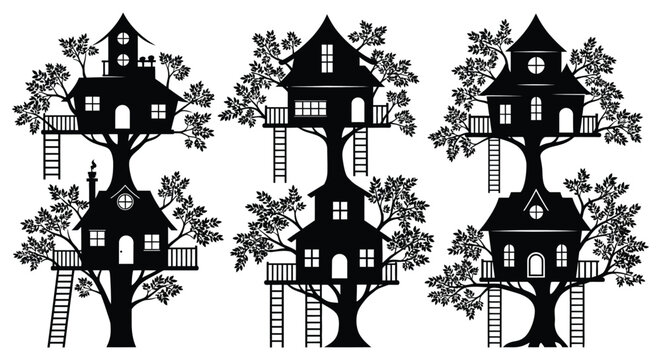 Three treehouse silhouettes with detailed foliage and ladders against a white background silhouette high quality professional