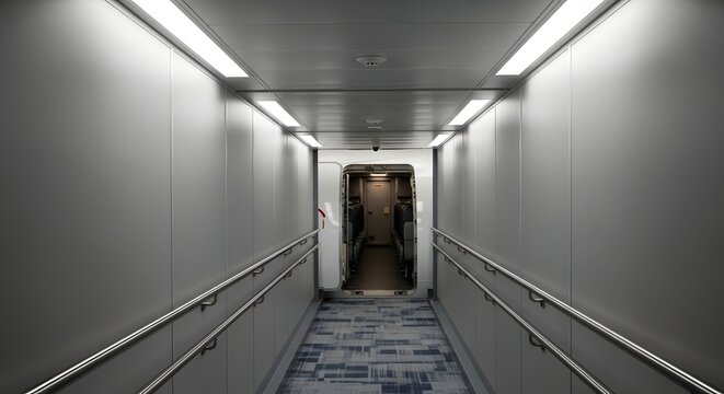 Empty airplane jet bridge connecting to aircraft for passenger boarding.