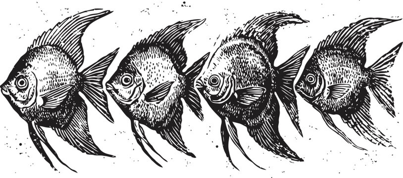 vintage school of four angelfish illustration detailed black and white underwater marine life art