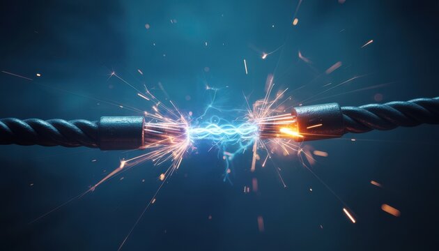 Short circuit with electric spark between two frayed wires in the dark