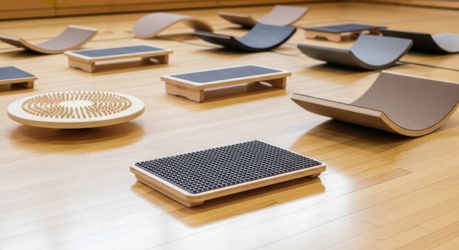 Multiple textured balance boards of various designs arranged on a polished wooden floor, showcasing fitness and training equipment