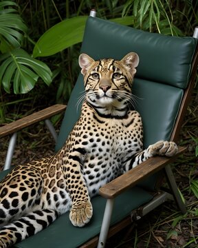  A savanna toned oncilla , northern tiger cat genetic hybrid experiment fantasy animal, fictional species  in a lounge chair resting