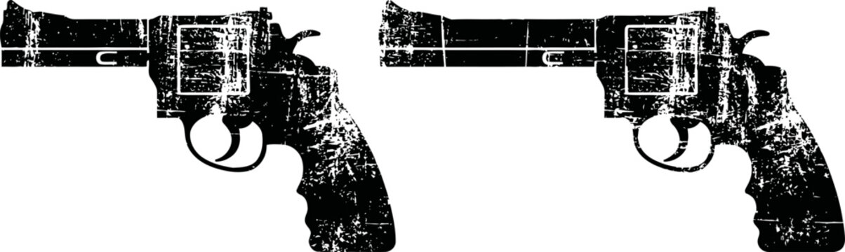 Two black revolver pistols side by side with detailed silhouette and textured grip design