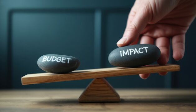 Balancing budget and impact conceptual image on wooden seesaw