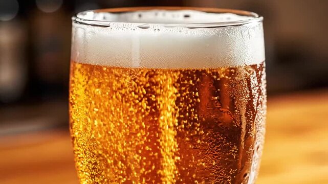 Close-up of a refreshing golden beer with foam and bubbles in a glass
