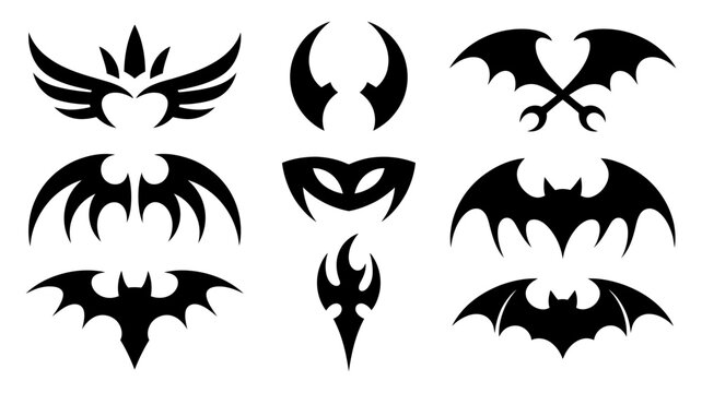 Various black gothic bat and winged symbols with heart and mask elements silhouette illustration creature