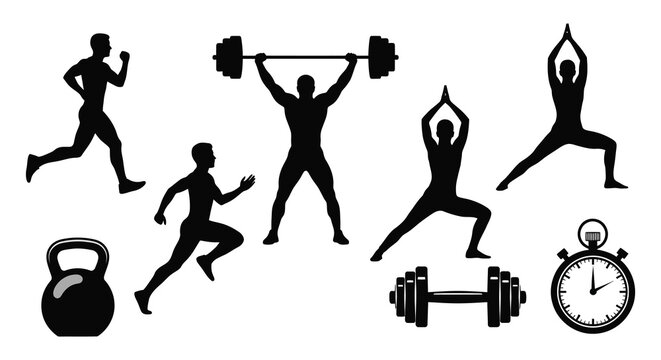 Fitness and exercise silhouettes featuring running weightlifting yoga and kettlebell training silhouette high quality professional detailed