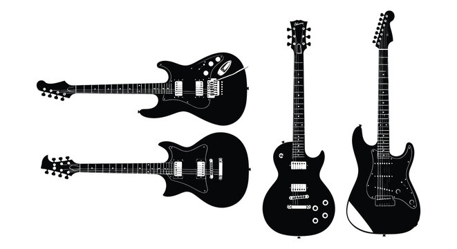 Collection of electric guitars in black silhouette high quality professional detailed modern elegant stylish clean crisp
