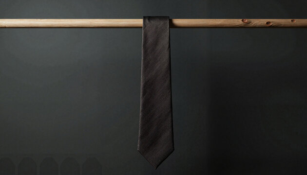  Black necktie hanging on wooden rack against dark background