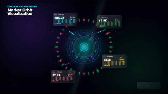 Dynamic Market Orbit Visualization with Real-Time Data Charts and Motion Graphics Animation
