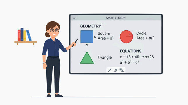 Interactive Learning in Classroom: An engaging visual of an instructor presenting geometry concepts and equations, fostering an interactive learning experience for students. 