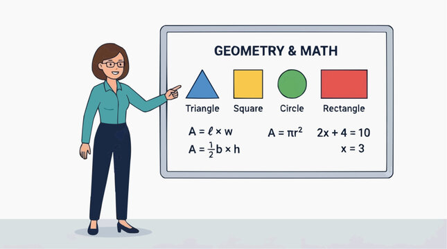 Math Lesson with instructor: An animated instructor in a classroom setting, points to a whiteboard illustrating geometrical shapes. The image captures the essence of geometry and math concepts.
