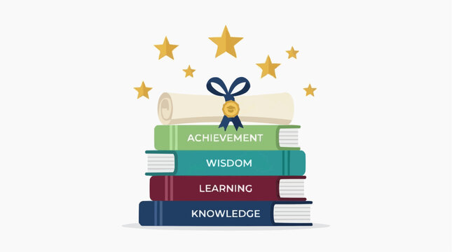 Academic Journey to Excellence: Depicts a stack of educational books, each representing a facet of learning, crowned with a graduation scroll, symbolizing the culmination of knowledge and achievement.