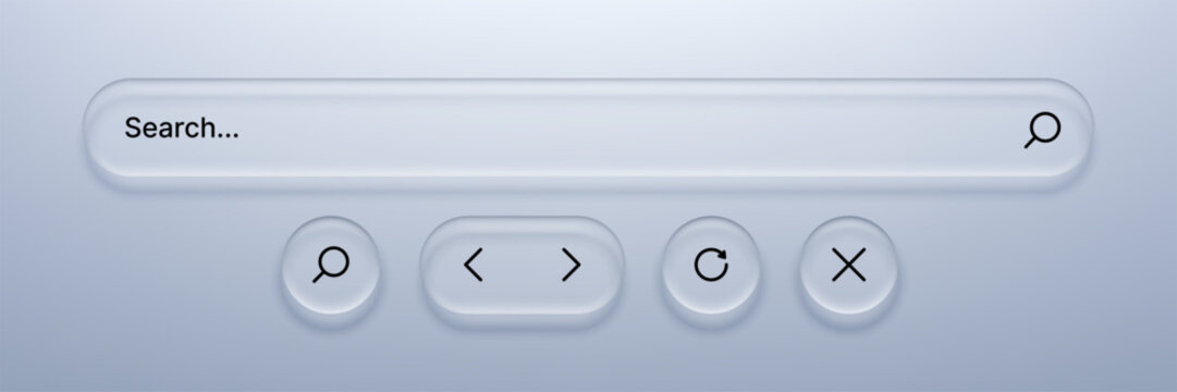 Search bar with browser control buttons in glass morphism style. UI element set with frosted glass effect for website interface. Modern digital navigation bar for web application design.